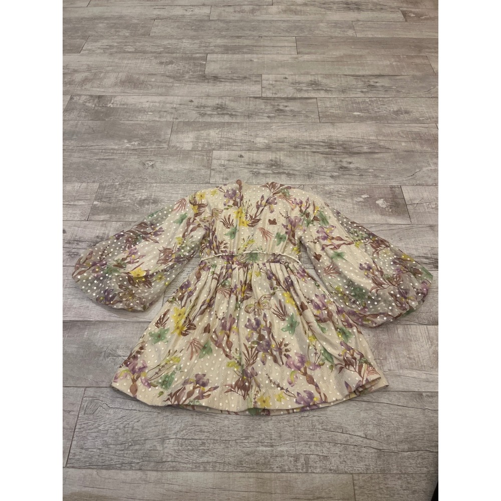 Alexis Floral Print Mini Dress Balloon Sleeve Button Front Tie‎ Waist Sheer - Picture 11 of 11